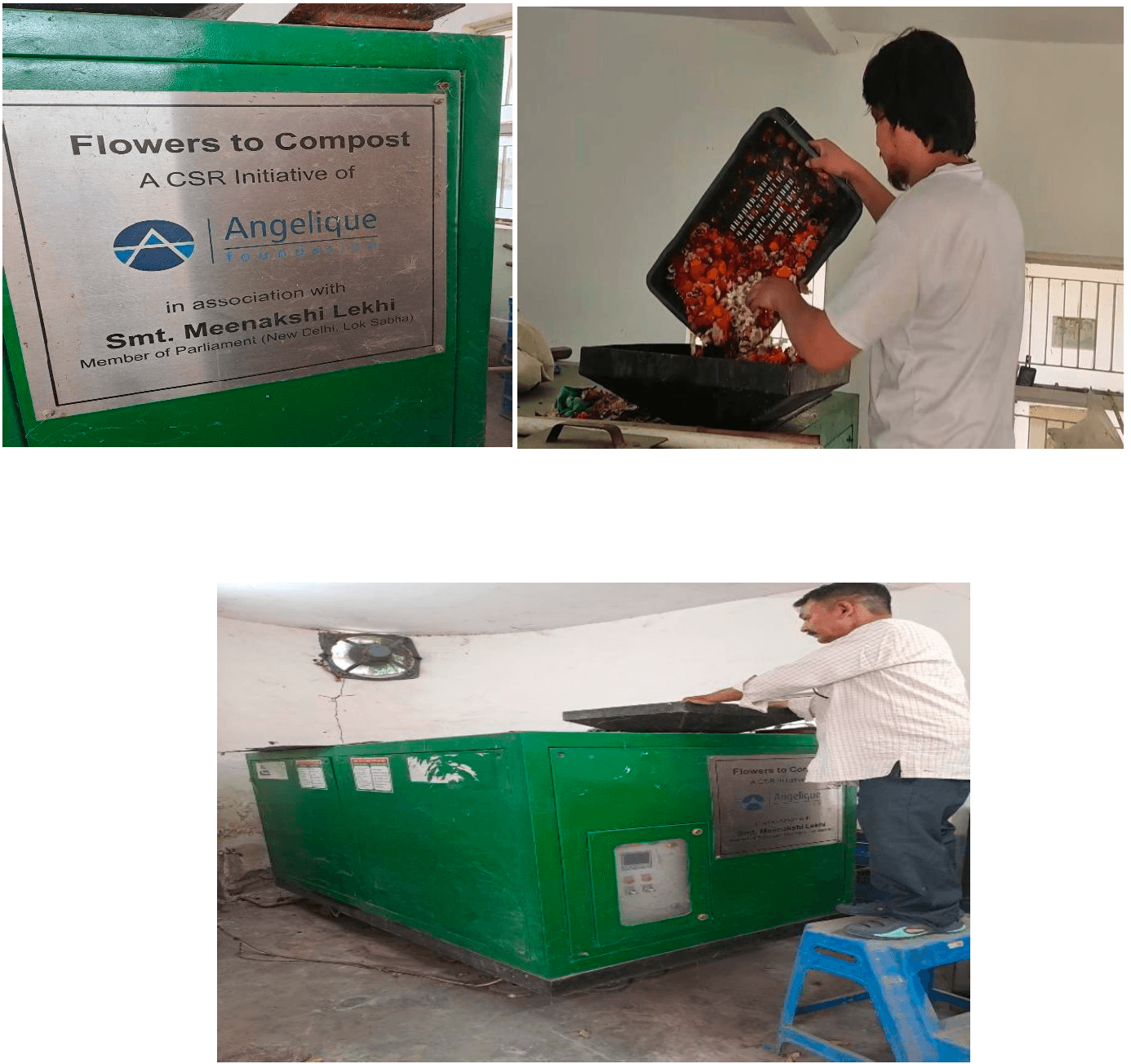 The temple’s “Flowers to Compost” machine, with temple staff loading offered flowers into it